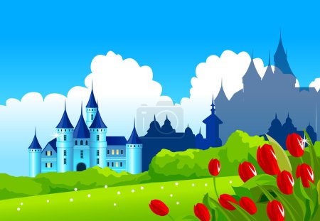 Fantasy castle on green landscape