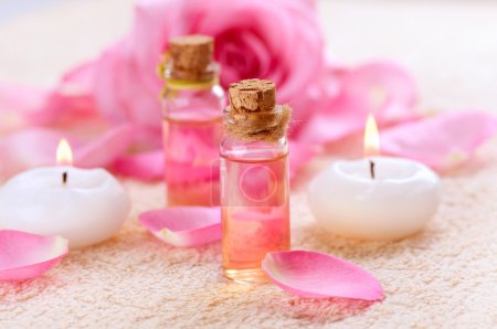 Bottles of Essential Oil for Aromatherapy. Rose Spa