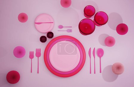 pink table with pink plates, glasses and cutlery. Glamorous style and furry spheres. from above. 3D render