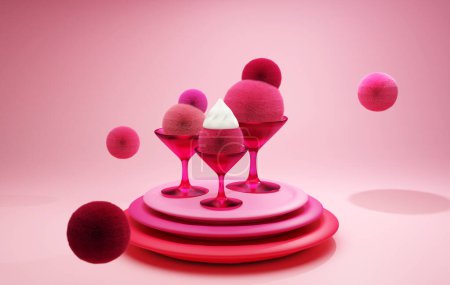 Furry Ice cream with cream in martini glasses on pink podium. Glamorous style. All pink. 3D rendering